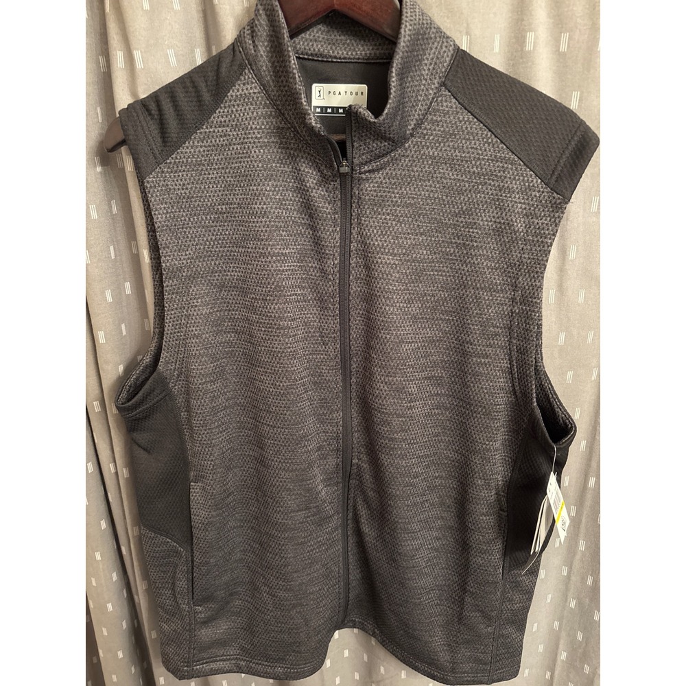 PGA Tour Mens Golf Vest Gray Full Zip Caviar Heather Stretch Thermal Medium